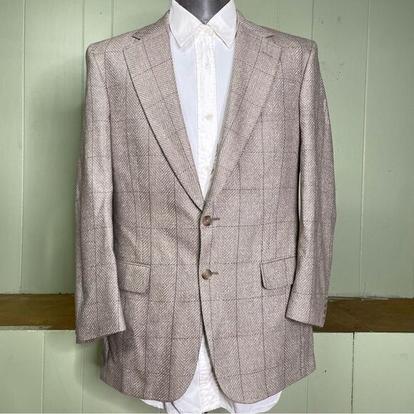Burberry Tan Windowpane Check Wool Blazer Sports Coat 2 Button Mens 38R - Picture 1 of 9